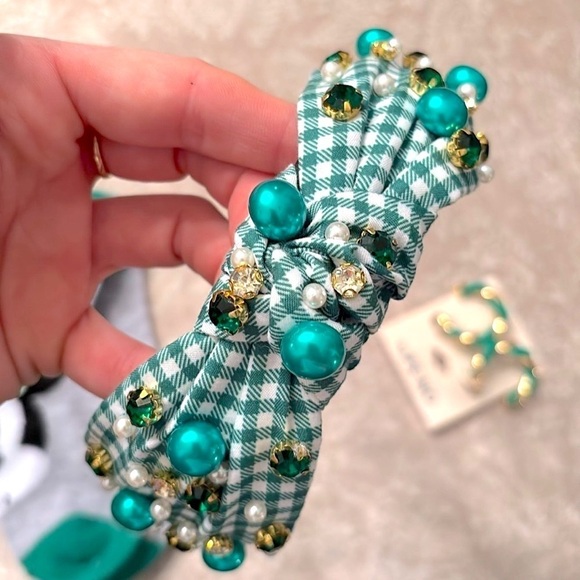 Brand New St. Patrick Day Set Green Beaded Gingham Headband Disney Socks Hoops main image 9